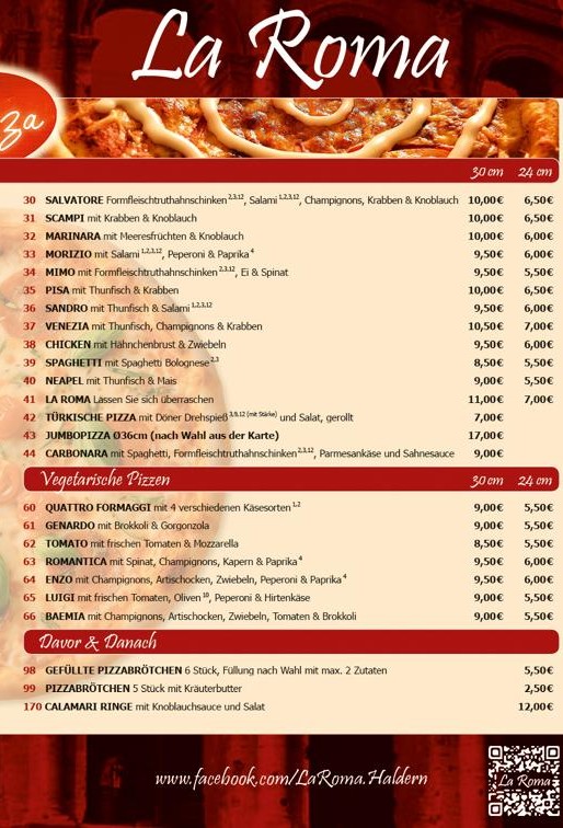 Speisenkarte b 2025 La Roma Pizzeria Rees Haldern