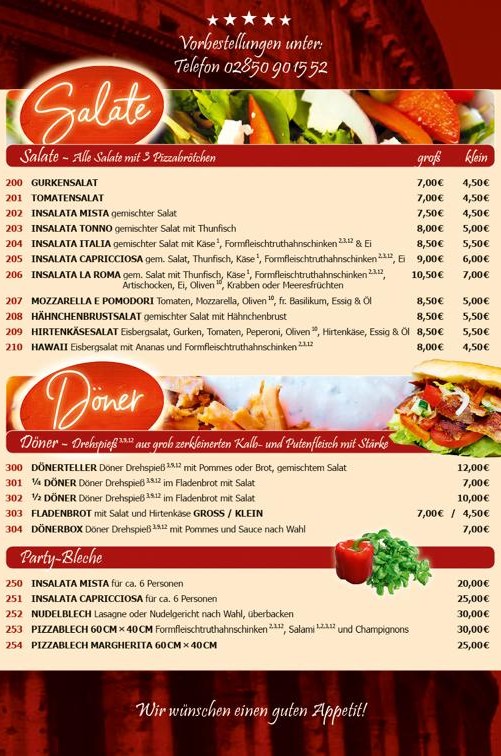 Speisenkarte c 2025 La Roma Pizzeria Rees Haldern