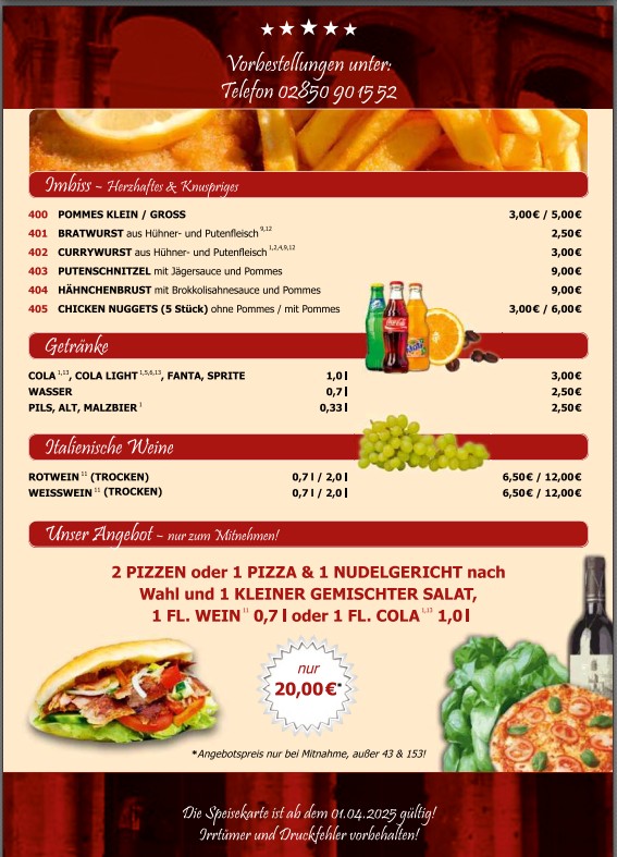 Speisenkarte e 2025 La Roma Pizzeria Rees Haldern